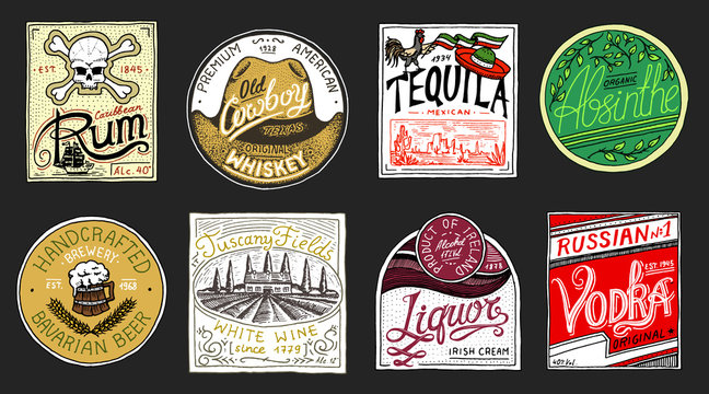 Vintage American badge. Absinthe Tequila Vodka Liqueur Rum Wine Strong whiskey Beer. Alcohol Label with calligraphic elements. Frame for poster banner. Hand drawn engraved lettering for t-shirt.