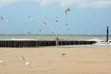 Fotobehang Meeuwen vliegen weg voor meisje op strand Zeeland © rhorex