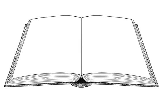 Vector artistic pen and ink drawing illustration of old open book with blank or empty white pages.