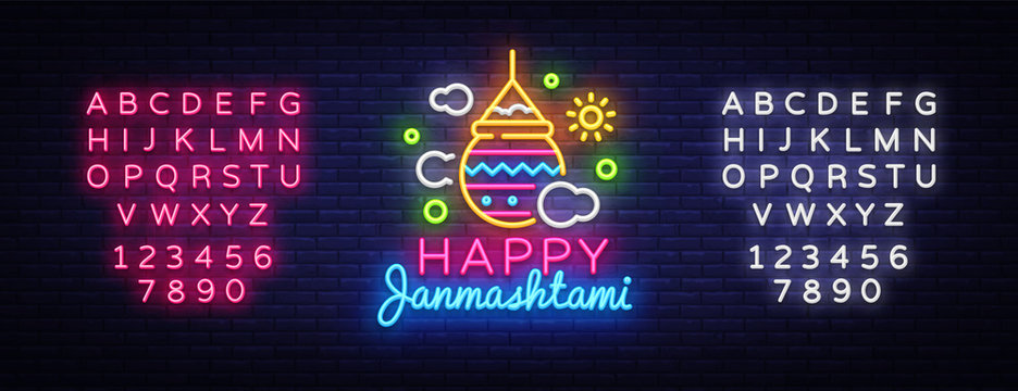 Happy Janmashtami greeting card neon vector design template. Neon sign, modern trend design for Indian festival. Dahi handi is Janmashtami celebrating. Template flyer. Vector. Editing text neon sign