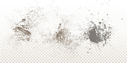 Scattered powder falls, stains, splashes, powder explosion. On an isolated background. Grunge blots trail and spray.