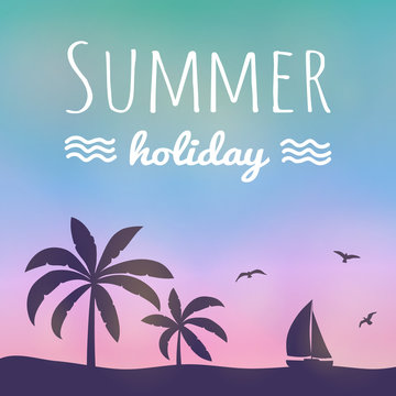 Summer paradise with palm trees - colourful banner with typography. Vector.