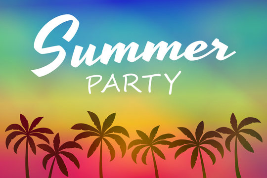 Summer paradise with palm trees - colourful banner with typography. Vector.