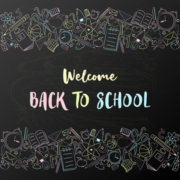Back to school - cute poster with hand drawn elements. Vector.