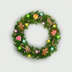 Fototapeta na wymiar Christmas wreath of realistic Christmas tree branches, lightbulb, gift, cookies, sweets