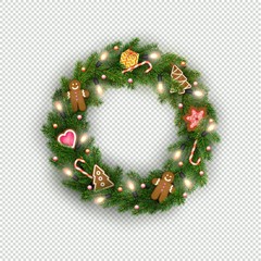 Fototapeta na wymiar Christmas wreath of realistic Christmas tree branches, light bulb, gift, cookies, sweets