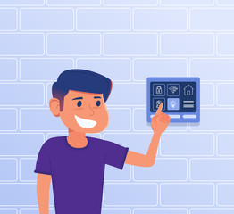Fototapeta na wymiar A kid using smart home control panel on house wall. A tablet with smart home controllers and settings interface. Smart house, internet of things, friendly soft concept. Vector flat design illustration