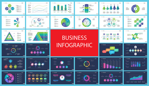 Business infographic design set can be used for workflow layout, presentation, annual report, web design. Marketing concept. Line chart, bar graph, comparison diagram, donut chart, process chart