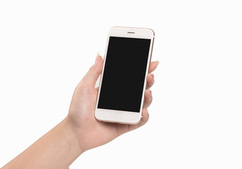 Young woman hand holding smartphone isolated on white background.