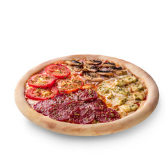 Pizza with pepperoni, champignons, tomato and cheese. Four tastes in one pizza on white background.