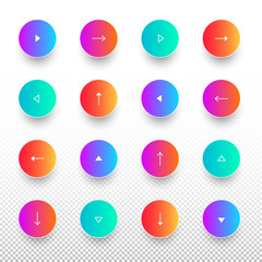 Arrow button set on soft color gradient round background with contour, navigation vector icon design for website, app. Left, next, right, previous, down, up arrow signs. Circle shape internet buttons.