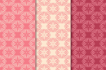 Set of red floral ornaments. Cherry pink vertical seamless patterns