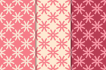 Cherry red geometric ornaments. Set of seamless patterns