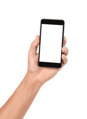 Man hand holding smartphone isolated on white background.