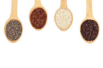 Black red white quinoa and chia seeds in wooden spoon isolated on white background with copy space for your text