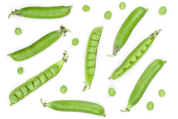 Fresh green pea pod isolated on white background with copy space for your text. Top view. Flat lay pattern