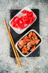 Salmon Sashimi in Marinade (Tamari, Sesame Oil, Lime Juice, and Honey) Topped with Black and White Sesame Seeds