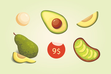 Set realistic fresh avocado fruit. Slice and whole avocados. Vegan food vector illustration in cartoon style.