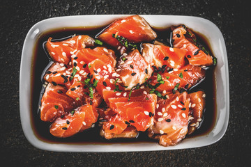 Salmon Sashimi in Marinade (Tamari, Sesame Oil, Lime Juice, and Honey) Topped with Black and White Sesame Seeds