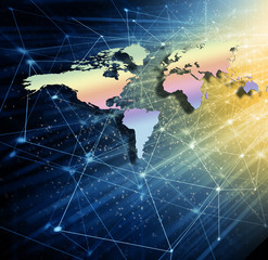 World map on a technological background, glowing lines symbols of the Internet, radio, television, mobile and satellite communications.