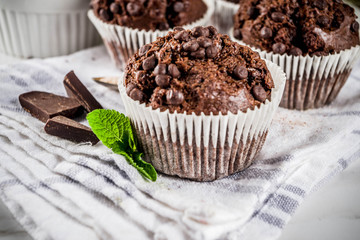 Home baked mint and chocolate muffins with mint tea, white marble background copy space