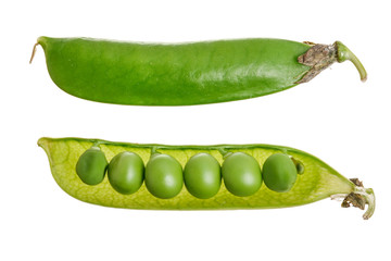 Fresh green pea pod isolated on white background. Top view. Flat lay