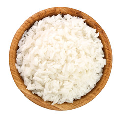 rice in a wooden bowl isolated on white background. Top view. Flat lay