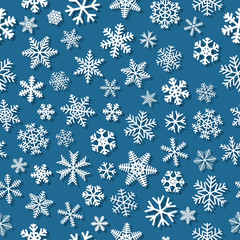 Christmas seamless pattern of snowflakes with shadows, white on light blue background