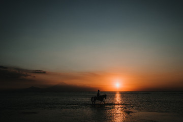 Naklejka na ściany i meble .Young man on vacation in the Gili Islands enjoying a colorful sunset in Indonesia. Riding a horse with the last sun ray. Photograph and vacation.