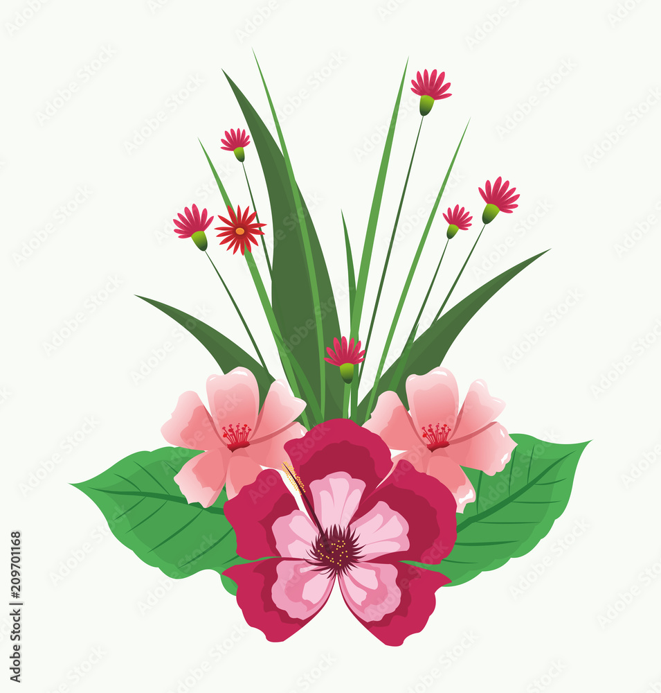 Sticker beautiful pink flowers with leaves vector illustration graphic design