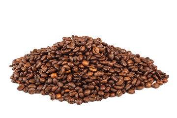 Grains of roasted coffee on white background.