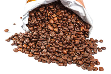 Grains of roasted coffee on white background.