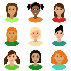 Beautiful young girls avatar set. Diverse faces, different haircut, hairstyle, isolated on white background. Vector clipart illustration