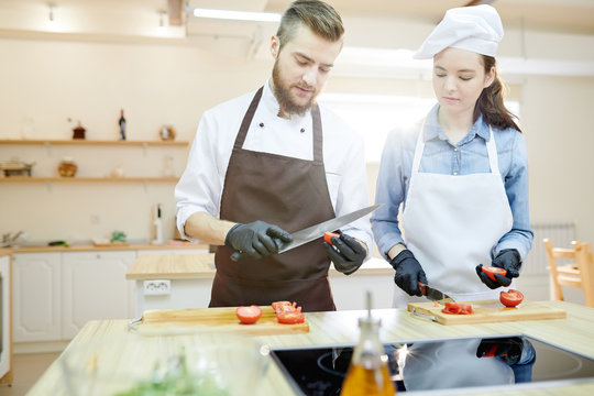 Waist up portrait of professional cook working in restaurant kitchen with su-chef, both cutting vegetables standing at wooden workstation, copy space
