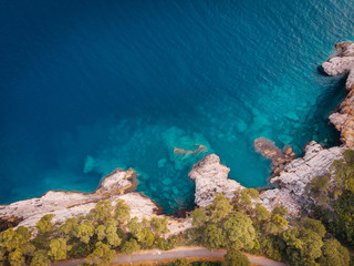 Fototapeta na wymiar top view of the rocky shore of the crystal clear Adriatic Sea, drone shot