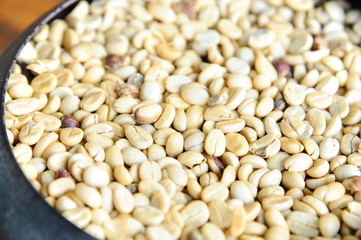 Close up of white coffee bean in vintage steel bucket
