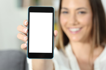 Happy woman hand holding a smart phone screen mockup - Powered by Adobe