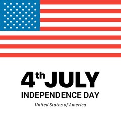 Big American Flag on white background with Independence Day words. Flat vector patriotic 4th of July illustration card