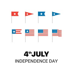 Many American Flags on 4th of July the Independence Day. Flat vector patriotic illustration card