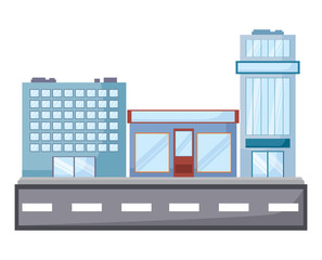 street with city buildings over white background, vector illustration