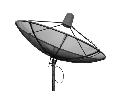 satellite dish antenna on steel post isolated on white background, large satellite dish with parabolic mesh and receiver antenna for television or radio wave receive or telecommunication network