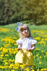 Cute little caucasian girl walking in the park with dandelion flowers, smelling, summer time, sunny day