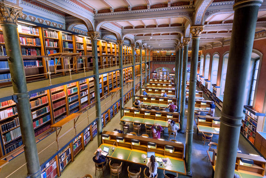 National Library of Sweden with students and readers under historical columns