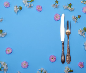 iron fork and knife on a blue background