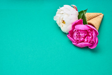 Ice cream cones with white and pink peonies flowers over green background. Summer concept. Copy space, top view