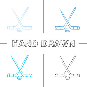 Crossed hockey sticks with puck hand drawn icons set