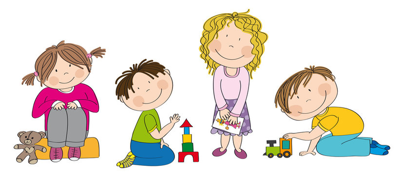 Little preschool children building bricks, playing with toys, drawing pictures - original hand drawn illustration