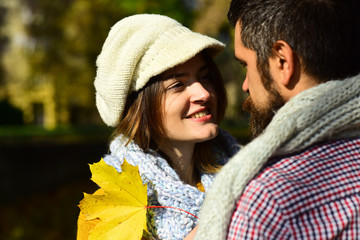 Fototapeta premium Relationship and fall time concept. Girl and bearded guy