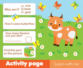 Activity page for kids with cow. Educational children game farm animals theme