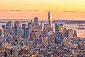Fototapeta na wymiar Aerial view of Manhattan skyline at sunset, New York City
